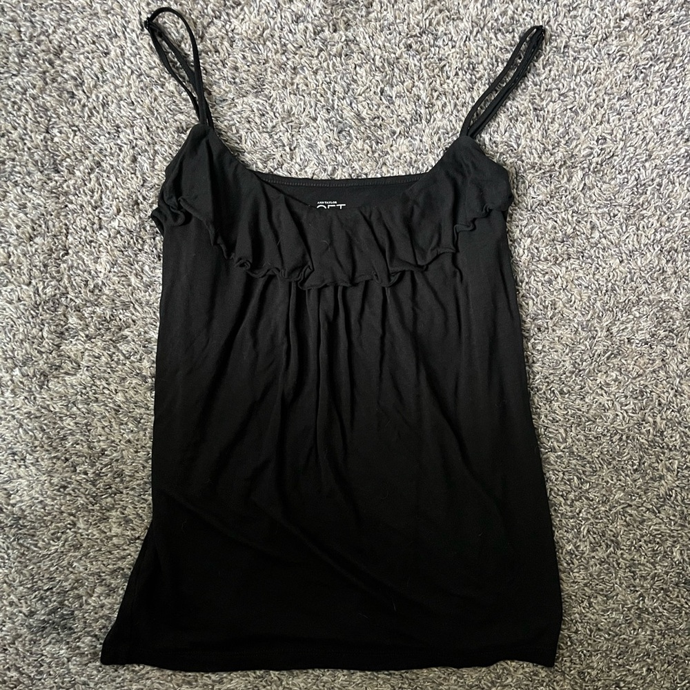 LOFT black spaghetti strap tank top with ruffle detail across neckline
